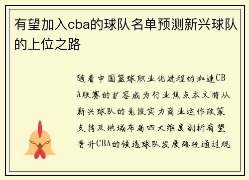 有望加入cba的球队名单预测新兴球队的上位之路